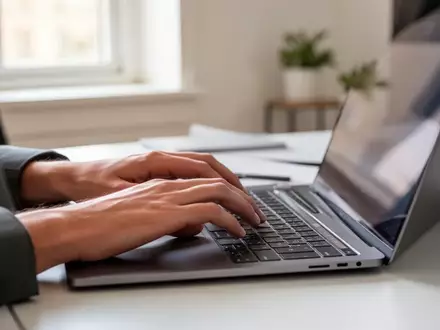 Nahaufnahme einer Person, die an einem modernen Laptop in einem hellen Büro arbeitet. - Foto: über boerse-global.de