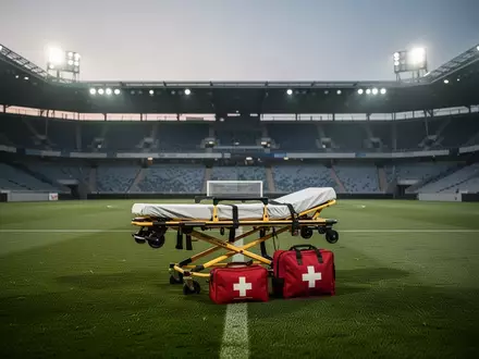 Ein leeres Fußballfeld in der Abenddämmerung mit einer medizinischen Trage und einem Erste-Hilfe-Koffer auf dem Rasen. - Foto: über boerse-global.de