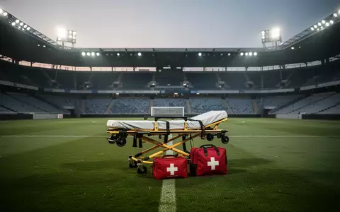 Ein leeres Fußballfeld in der Abenddämmerung mit einer medizinischen Trage und einem Erste-Hilfe-Koffer auf dem Rasen. - Foto: über boerse-global.de