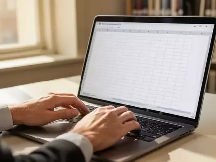 Nahaufnahme einer Person, die in einer Bibliothek an einem Laptop arbeitet, dessen Bildschirm eine leere Tabellenkalkulation zeigt. - Foto: über boerse-global.de