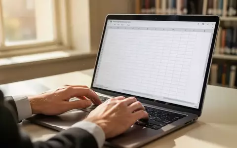Nahaufnahme einer Person, die in einer Bibliothek an einem Laptop arbeitet, dessen Bildschirm eine leere Tabellenkalkulation zeigt. - Foto: über boerse-global.de