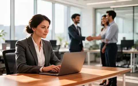 Ein Personalverantwortlicher arbeitet an einem Laptop in einem modernen, hellen Büro, während im Hintergrund ein neues Teammitglied begrüßt wird. - Foto: über boerse-global.de
