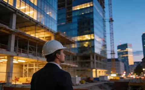Ein Bauleiter betrachtet eine moderne Baustelle eines Hochhauses bei Dämmerung. - Foto: über boerse-global.de