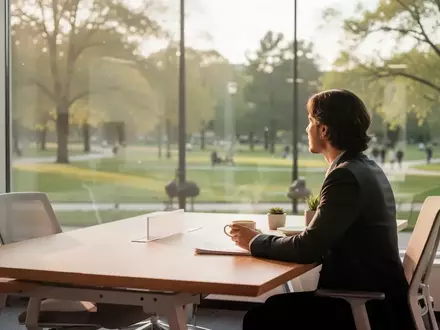 Eine Person sitzt entspannt an einem Schreibtisch und blickt aus dem Fenster, was eine ausgeglichene Work-Life-Balance symbolisiert. - Foto: über boerse-global.de
