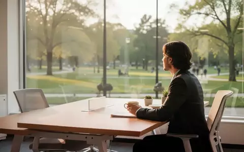 Eine Person sitzt entspannt an einem Schreibtisch und blickt aus dem Fenster, was eine ausgeglichene Work-Life-Balance symbolisiert. - Foto: über boerse-global.de