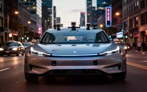 Ein modernes Elektroauto mit Sensoren für autonomes Fahren fährt bei Dämmerung durch eine beleuchtete Stadtstraße. - Foto: über boerse-global.de