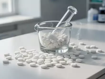 Nahaufnahme von Medikamententabletten auf einer sterilen ApothekenoberflĂ€che mit Mörser und Pistill. - Foto: ĂŒber boerse-global.de