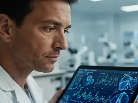 Ein nachdenklicher Mann in einer klinischen Umgebung betrachtet medizinische Daten auf einem Tablet-Bildschirm. - Foto: über boerse-global.de