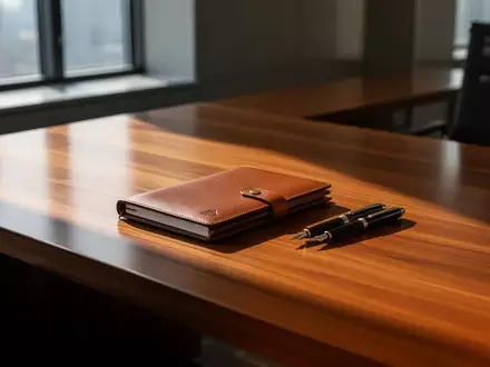 Ein leerer Schreibtisch mit einem Notizbuch und einem Füllfederhalter in einem modernen Büro bei natürlichem Tageslicht. - Foto: über boerse-global.de