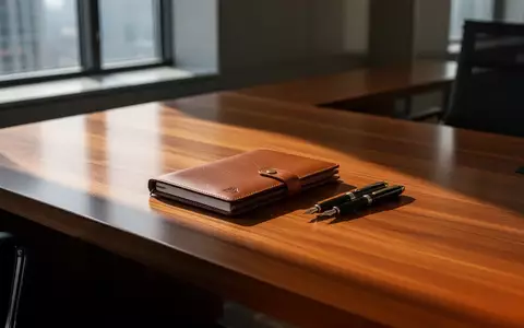 Ein leerer Schreibtisch mit einem Notizbuch und einem Füllfederhalter in einem modernen Büro bei natürlichem Tageslicht. - Foto: über boerse-global.de