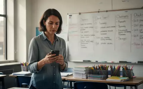 Eine Lehrkraft steht in einem hellen Klassenzimmer und hält ein Smartphone zur Dokumentation ihrer Arbeitszeit in der Hand. - Foto: über boerse-global.de