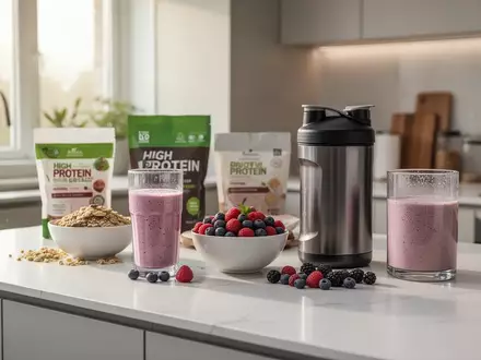 Eine Auswahl an proteinreichen Lebensmitteln und einem Proteinshake in einer modernen, hellen Küche bei natürlichem Licht. - Foto: über boerse-global.de