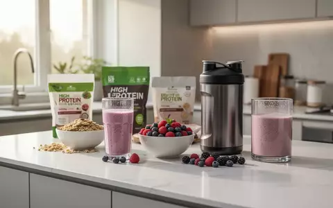 Eine Auswahl an proteinreichen Lebensmitteln und einem Proteinshake in einer modernen, hellen Küche bei natürlichem Licht. - Foto: über boerse-global.de