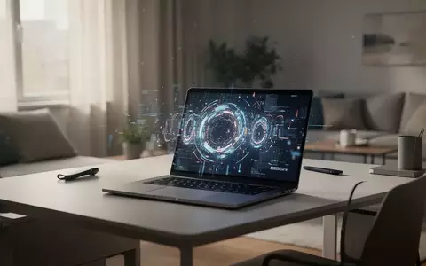 Ein moderner Schreibtisch mit einem Laptop, der digitale Datenmuster anzeigt, in einem hellen, professionellen Arbeitszimmer. - Foto: über boerse-global.de