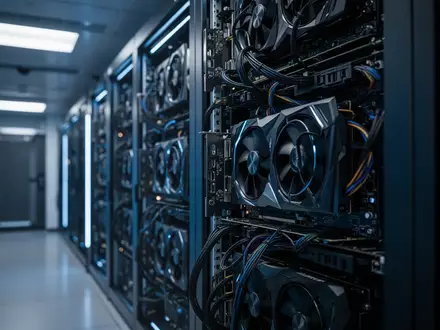Moderne Serverräume mit leistungsstarken GPU-Racks und blauer Beleuchtung in einem Rechenzentrum. - Foto: über boerse-global.de