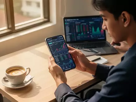 Ein Unternehmer nutzt ein Smartphone für digitale Bankgeschäfte an einem modernen, hellen Arbeitsplatz. - Foto: über boerse-global.de