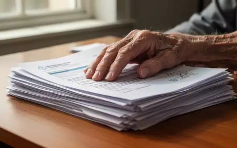 Ältere Hand liegt auf einem Stapel von Versicherungsunterlagen auf einem Holztisch. - Foto: über boerse-global.de