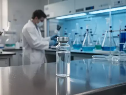 Ein medizinisches Fläschchen auf einem sterilen Labortisch in einer modernen Forschungseinrichtung. - Foto: über boerse-global.de