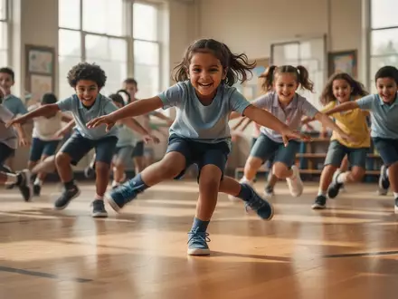 Eine Gruppe von Kindern beim spielerischen Koordinationstraining in einer hellen Turnhalle. - Foto: über boerse-global.de