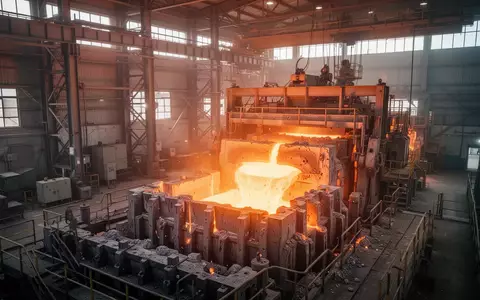 Nahaufnahme einer modernen Aluminiumschmelze in einem Industriebetrieb mit glühendem Metall. - Foto: über boerse-global.de