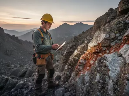 Geologe untersucht eine mineralreiche Felsformation in einer rauen Gebirgslandschaft bei Dämmerlicht. - Foto: über boerse-global.de
