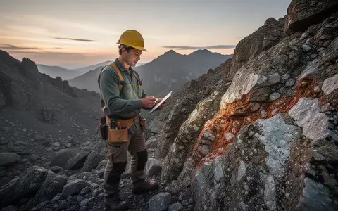 Geologe untersucht eine mineralreiche Felsformation in einer rauen Gebirgslandschaft bei Dämmerlicht. - Foto: über boerse-global.de