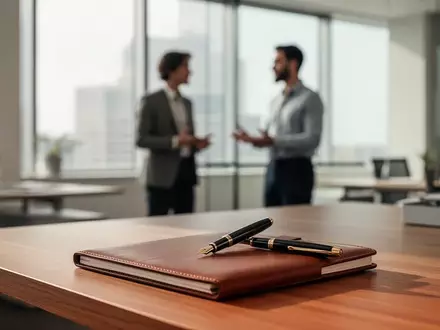 Ein helles, modernes Büro mit einem Schreibtisch im Vordergrund und zwei Kollegen, die sich im Hintergrund unterhalten. - Foto: über boerse-global.de