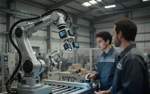 Ein Industrieroboter arbeitet in einer modernen Fabrikumgebung in der Nähe eines menschlichen Mitarbeiters. - Foto: über boerse-global.de