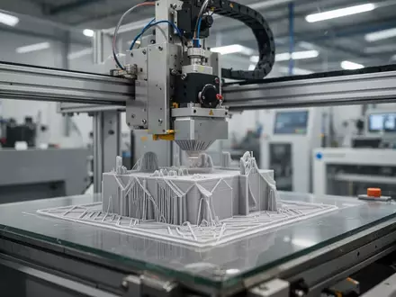 Ein industrieller 3D-Drucker in einer modernen Fertigungshalle während des Druckprozesses. - Foto: über boerse-global.de