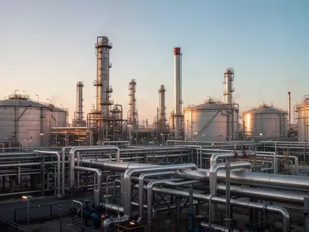 Moderne industrielle Ölraffinerie mit Metallrohren und Tanks bei Sonnenaufgang. - Foto: über boerse-global.de