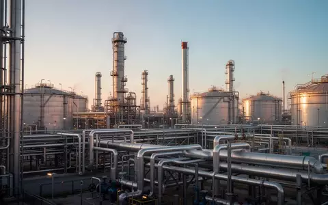 Moderne industrielle Ölraffinerie mit Metallrohren und Tanks bei Sonnenaufgang. - Foto: über boerse-global.de