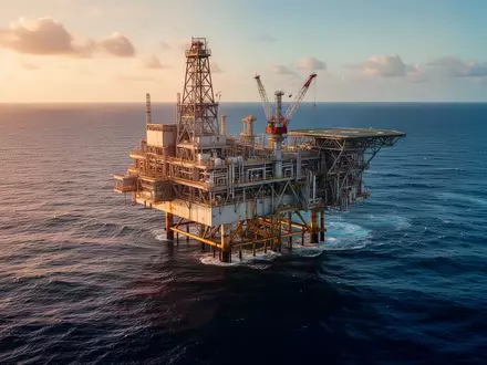 Eine Offshore-Gasplattform auf offener See bei Sonnenuntergang. - Foto: über boerse-global.de
