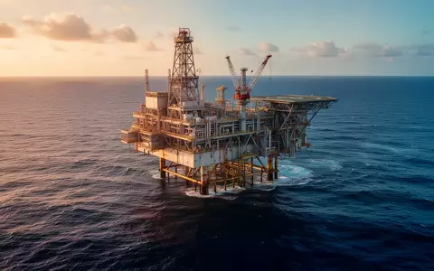 Eine Offshore-Gasplattform auf offener See bei Sonnenuntergang. - Foto: über boerse-global.de