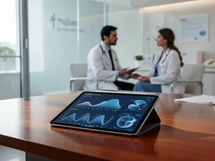Ein Arzt in einer modernen Klinik betrachtet ein Tablet, auf dem komplexe Datenanalysen für medizinische Diagnosen zu sehen sind. - Foto: über boerse-global.de
