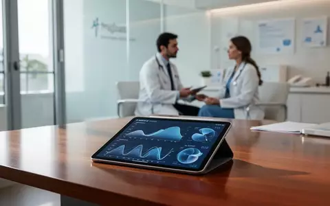Ein Arzt in einer modernen Klinik betrachtet ein Tablet, auf dem komplexe Datenanalysen für medizinische Diagnosen zu sehen sind. - Foto: über boerse-global.de
