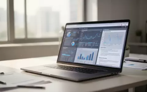 Ein moderner, heller Büroarbeitsplatz mit einem Laptop, auf dem komplexe Datendiagramme und Dokumente zu sehen sind. - Foto: über boerse-global.de
