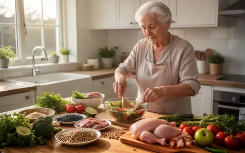 Eine ältere Person bereitet in einer hellen Küche eine proteinreiche Mahlzeit aus frischen Lebensmitteln zu. - Foto: über boerse-global.de