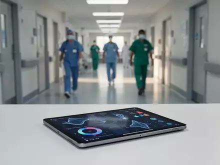Ein modernes Krankenhausflur-Szenario mit medizinischen Daten auf einem Tablet, das den technologischen Fortschritt symbolisiert. - Foto: über boerse-global.de