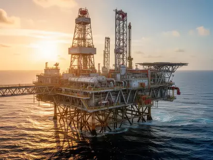 Eine Offshore-Ölplattform auf dem offenen Meer bei Sonnenuntergang. - Foto: über boerse-global.de