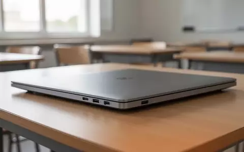 Nahaufnahme eines minimalistischen Laptops auf einem Holztisch in einem hellen Klassenzimmer. - Foto: über boerse-global.de