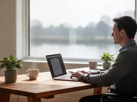 Ein heller, moderner Arbeitsplatz in einem Homeoffice mit einem Laptop auf einem Schreibtisch bei natürlichem Tageslicht. - Foto: über boerse-global.de