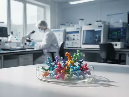 Ein modernes Labor für Molekularbiologie mit abstrakten 3D-Proteinmodellen auf einem Labortisch. - Foto: über boerse-global.de