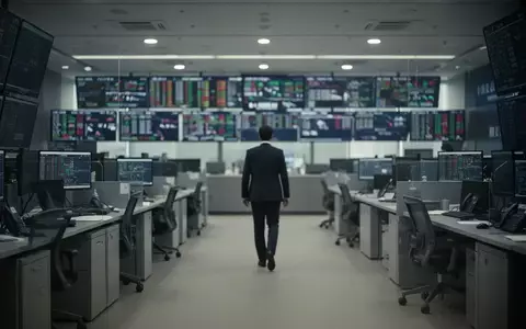 Ein einsamer Finanzprofi geht durch einen leeren Handelssaal vor dem Hintergrund dunkler, inaktiver Bildschirme. - Foto: über boerse-global.de