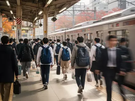 Belebter Bahnhofsbahnsteig in Sendai an einem Herbstmorgen mit Pendlern und Studierenden. - Foto: über boerse-global.de