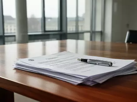 Ein leerer Schreibtisch in einem Berliner Regierungsbüro mit offiziellen Dokumenten und einem Füllfederhalter. - Foto: über boerse-global.de