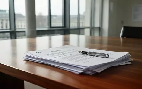 Ein leerer Schreibtisch in einem Berliner Regierungsbüro mit offiziellen Dokumenten und einem Füllfederhalter. - Foto: über boerse-global.de