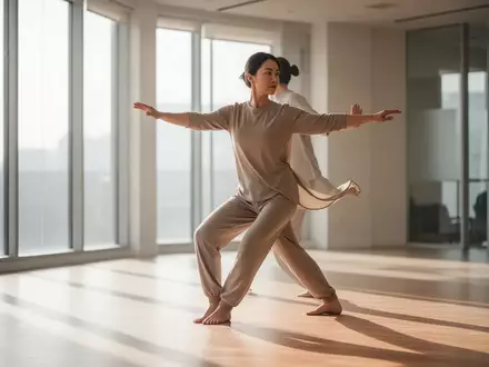 Eine Person praktiziert in einem hellen, minimalistischen Studio Tai Chi, wobei weiches natürliches Licht den Raum durchflutet. - Foto: über boerse-global.de