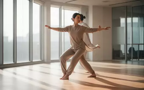 Eine Person praktiziert in einem hellen, minimalistischen Studio Tai Chi, wobei weiches natürliches Licht den Raum durchflutet. - Foto: über boerse-global.de