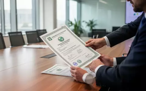 Eine Person im Business-Outfit prüft in einem hellen Büro ein Nachhaltigkeitszertifikat auf einem Holztisch. - Foto: über boerse-global.de
