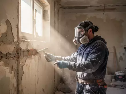 Ein Arbeiter in Schutzkleidung und Atemmaske bei der Prüfung eines alten Mauerwerks vor Sanierungsarbeiten. - Foto: über boerse-global.de